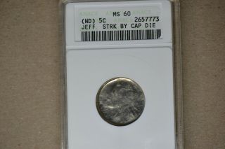 Nd Jefferson Nickel Struck By Capped Die - Anacs Ms - 60
