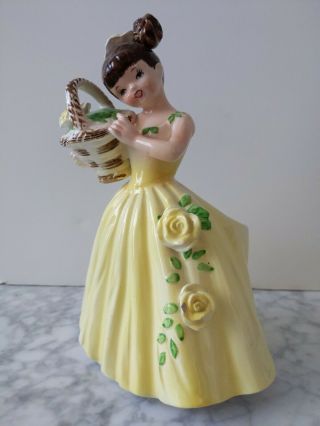 Vintage Enesco Young Girl In Yellow Dress Holding Basket Planter E - 2187