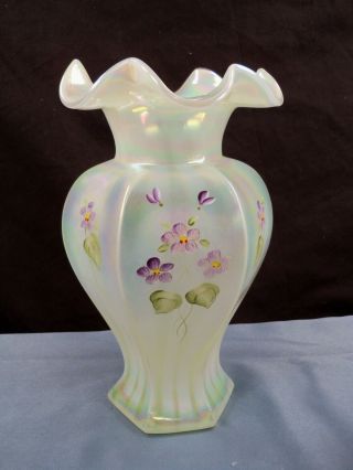 Fenton Topaz Opalescent Vaseline Glass Painted Rib Optic Vase Purple Flowers