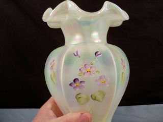 Fenton Topaz Opalescent Vaseline Glass Painted Rib Optic Vase Purple Flowers 3