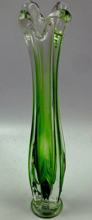 Mid Century Modern Draped Swung Art Glass Vase - Fluted Top - Phthalo Green