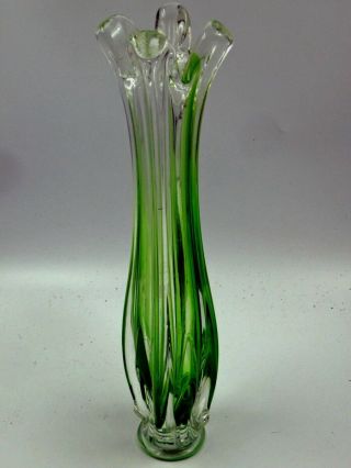 Mid Century Modern Draped SWUNG ART GLASS VASE - Fluted Top - PHTHALO GREEN 2