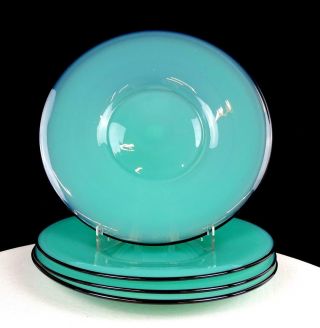 Studio Glass Art Deco Turquoise Black Trim 4 Piece 8 5/8 " Salad Plates 1920 - 40