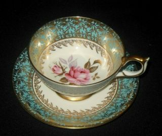Aynsley Teal Blue Gold Leaf Pink Roses Tea Cup Saucer Set 1939