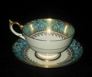 AYNSLEY TEAL BLUE GOLD LEAF PINK ROSES TEA CUP SAUCER SET 1939 3