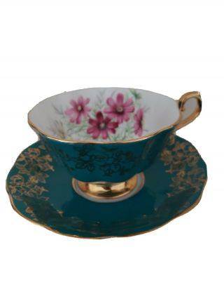 Vintage Royal Albert Footed Tea Cup & Saucer Bone China England,  Aqua W Pink