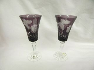 2 Incredible Ajka Hungary Wine Stems Flower Butterfly Design Purple Cut To Clear