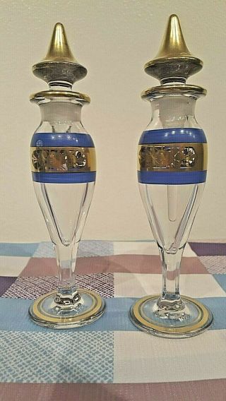 2 Scarce Heisey Perfume Bottles - 7 " Tall - Gold & Blue Trim/glit - Marked H