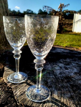 Crystal Rogaska Wine Glasses Gallia Pattern Stems Signed Set 2