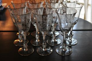 Set Of 11 - Cambridge Wildflower Etched Crystal - Water Goblets - Gold Trim