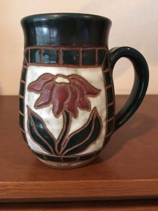 Hand Thrown Studio Art Pottery Coffee Cup Mug Embossed Flower Signed Periwinkle