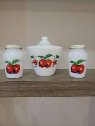 Fire King Oven Ware Apples Grease Jar And Salt & Pepper Shakers.