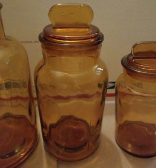 3 pc Amber Glass Apothecary Canister Jar set Vtg Kitchen Glassware Storage MCM 3