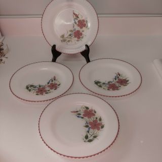 4 Macbeth Evans Petalware Mountain Flowers Dinner Plates Hand Painted,  Red Trim