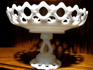3 Piece Milk Glass Westmoreland Fruit Bowl Or Cake Stand And Candlesticks