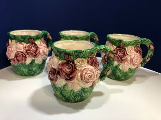 Vintage Rose Mugs By The Haldon Group Set Of 4 Pink And Green Glazed