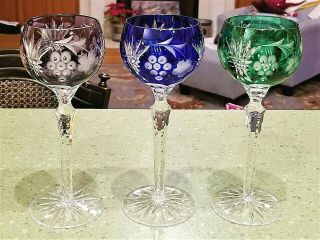 3 Wine Goblets Long Stem Glasses Bohemian Cut To Clear 8.  5 " Crystal Multi - Color