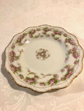 A.  Lanternier Limoges France,  Pink Floral & Gold Trim - 4 Small Bread Plates