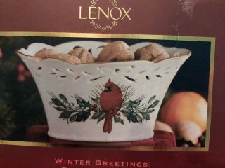 Lenox Winter Greetings Pierced Basket Christmas Cardinal Gold Trim Bowl Orig Box