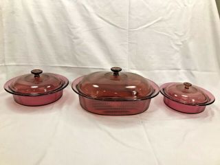 6 Pc.  Cranberry Vision Ware,  Roaster & 2 Casseroles With Lids
