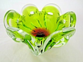 Stunning Large Sommerso Art Glass Eyelet Bowl Dish Pink & Lime Interesting Shape
