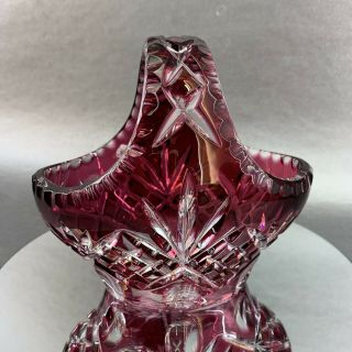 Bohemian Crystal Ruby Red Vintage Cut To Clear Basket 6” Long Czech Glass