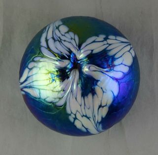 Cobalt Blue Iridescent Studio Art Glass Paperweight With White Flower On The Top
