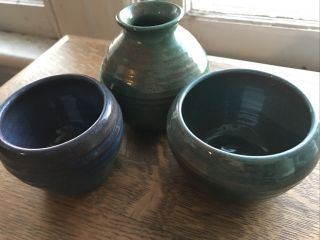 Studio Art Pottery Small Round Vase And Pots Set Of 3 Signed By Artists