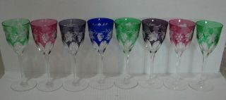 Bohemian Czech Crystal Cut To Clear Multi Color (8) Wine Stemware Grapes & Vine