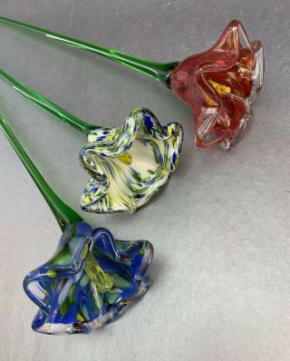 Set Of 3 Murano 20” Italian Vintage Hand Made Colored Glass Flower Bouquet Italy