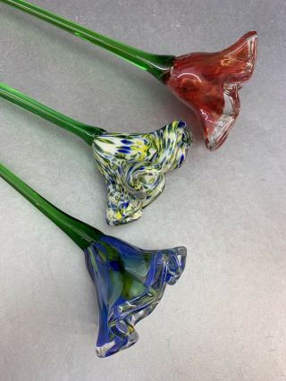 Set Of 3 Murano 20” Italian Vintage Hand Made Colored Glass Flower Bouquet Italy 2