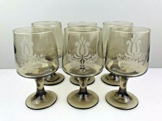 Vintage Pfaltzgraff Village Glass Wine Water Goblets Set 6 Etched Stemware Brown