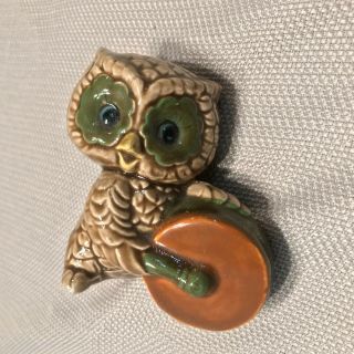 Vintage Mid Century Ceramic Owl Pottery Made In Japan Brown Green Eyes Drum