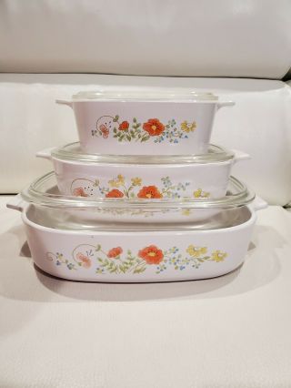 Corning Ware Wildflower 6 - Piece Set A - 1 - 1/2 - B,  A - 2 - B And A - 10 - B With Pyrex Lids