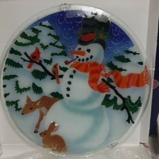 Peggy Karr Fused Glass Christmas Xl 19.  5 " Round Tray Signed