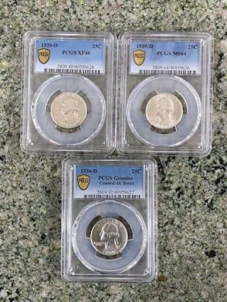 1939 D 25c Silver Washington Pcgs Ms64/xf40/unc Details 3 Coins