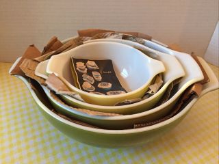 4 Vintage Pyrex Olive Verde Green Nesting Mixing Bowls Open Box Cinderella