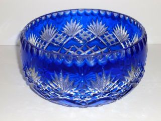 Large Bohemian Cobalt Blue Cut To Clear Crystal Glass Bowl Poland 8 " Width