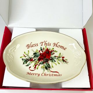 Lenox Winter Greetings Bless This Home Merry Christmas Tray Red Cardinal 11”