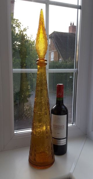 Empoli Large Italian Amber Glass Zodiac Pattern Decanter / Bottle