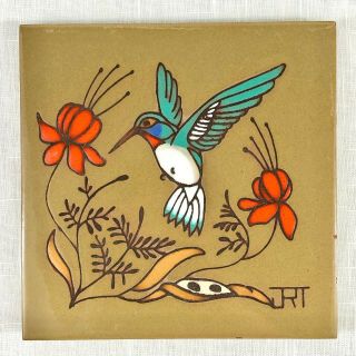 Vintage 1982 Signed Teissedre Hummingbird Flowers 6 " Clay Tile Trivet Wall Decor