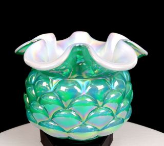 Fenton Art Glass Green Iridescent Artichoke 5 1/2 " Heavy Jacqueline Vase 1980 -