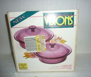 Vtg Nos Visions By Corning Ware Cranberry 5 - Pc Set Cookware Visionware