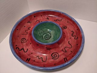 Handmade Signed Glazed Pottery Chip And Dip Serving Dish Reds Blues Scalloped