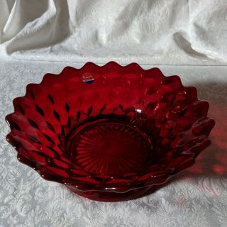 American Fostoria Ruby Red Flared Bowl 9 1/2” Centerpiece with Rays Excellant 3