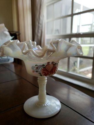 Vintage Fenton Pedestal With Ruffled Edges/hand Painted By D.  Fredrick