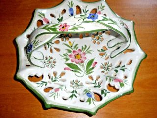 Vintage Rccl Porcelain Basket 10 " Hand Painted Floral Braid Handle Portugal