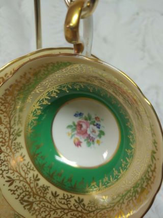 Vintage Aynsley Tea Cup & Saucer Set Floral Rose Bouquet On Green W/ Gold