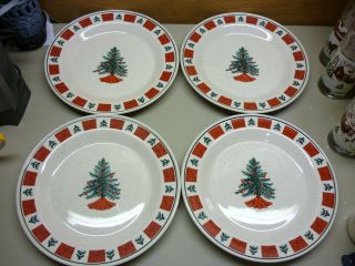 Set Of 4 Dinner Plates Folk Craft Holiday Homecoming Stoneware Christmas Tree