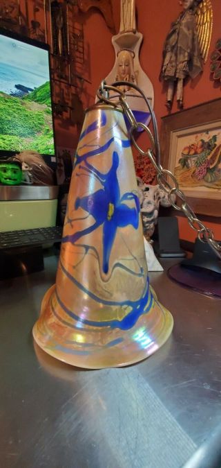 Vintage Signed Hand Blown Iridescent Studio Art Glass Hanging Lamp Drop Light